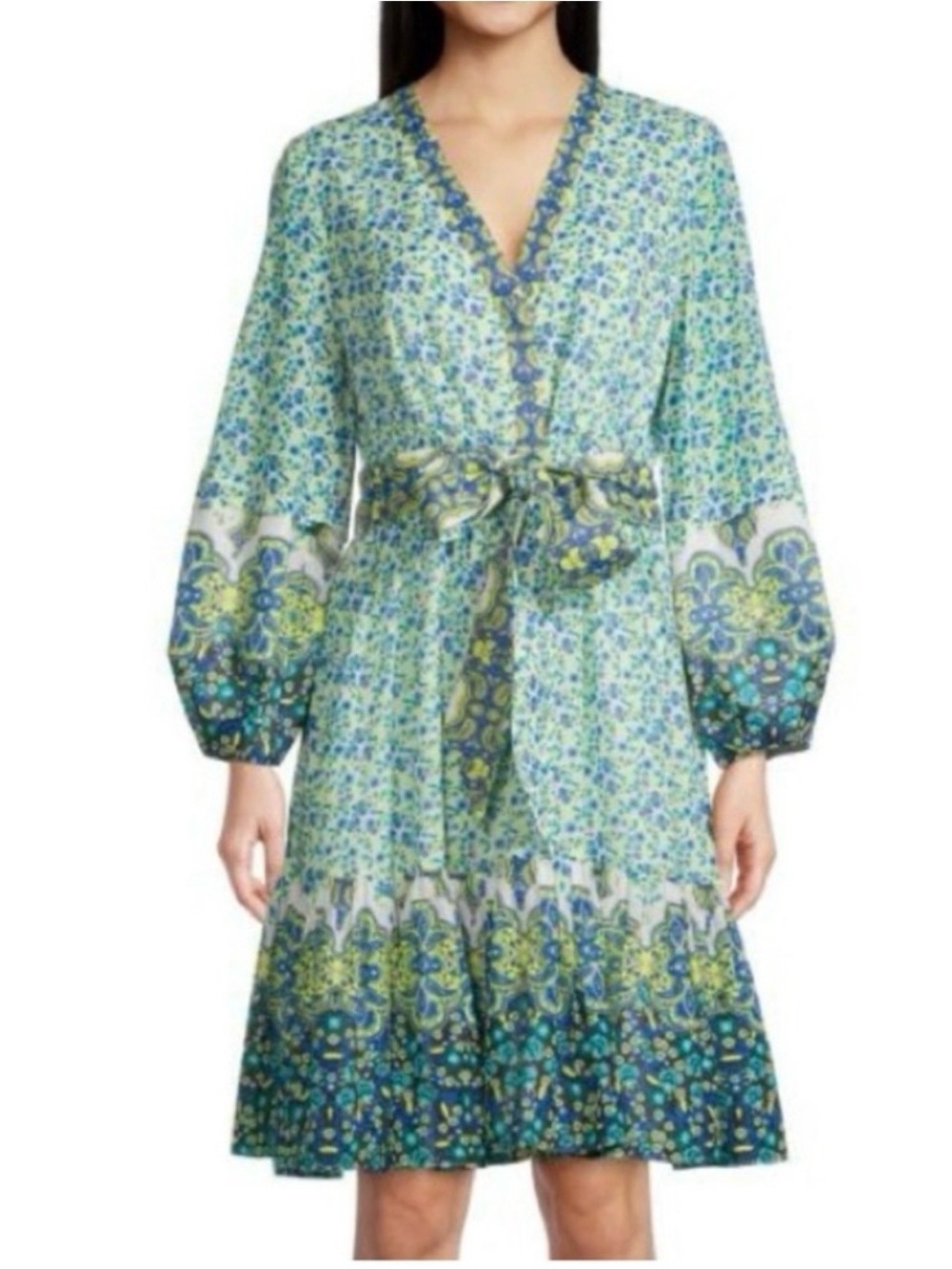 Kobi Halperin Blue and Green Floral V-Neck Tie-Waist Midi Dress